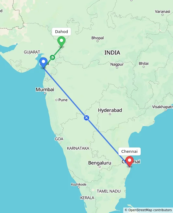 Route map showing distance and travel time from Dahod, India to Chennai, India