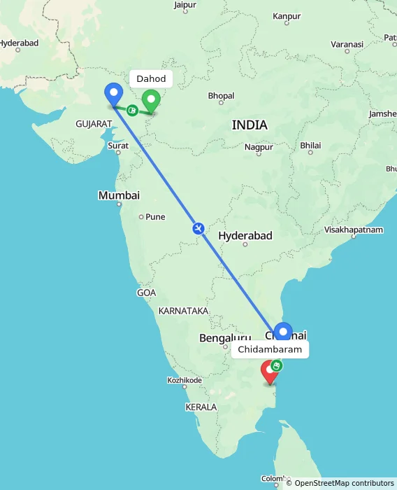 Route map showing distance and travel time from Dahod, India to Chidambaram, India