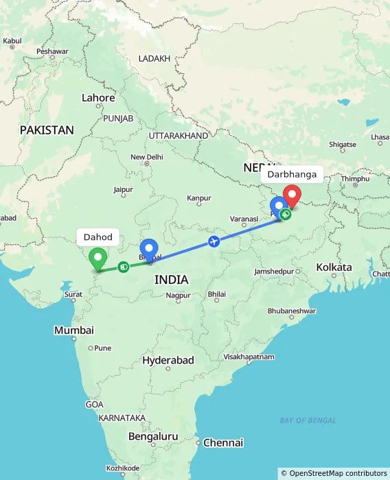 Route map showing distance and travel time from Dahod, India to Darbhanga, India