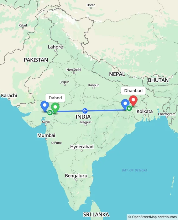 Route map showing distance and travel time from Dahod, India to Dhanbad, India