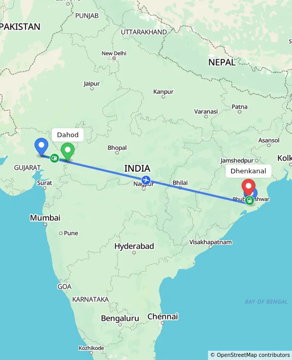 Route map showing distance and travel time from Dahod, India to Dhenkanal, India