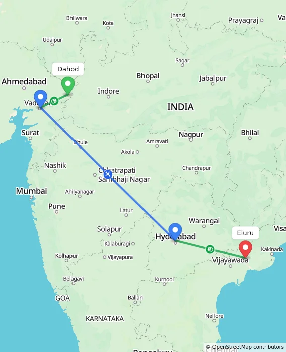 Route map showing distance and travel time from Dahod, India to Eluru, India