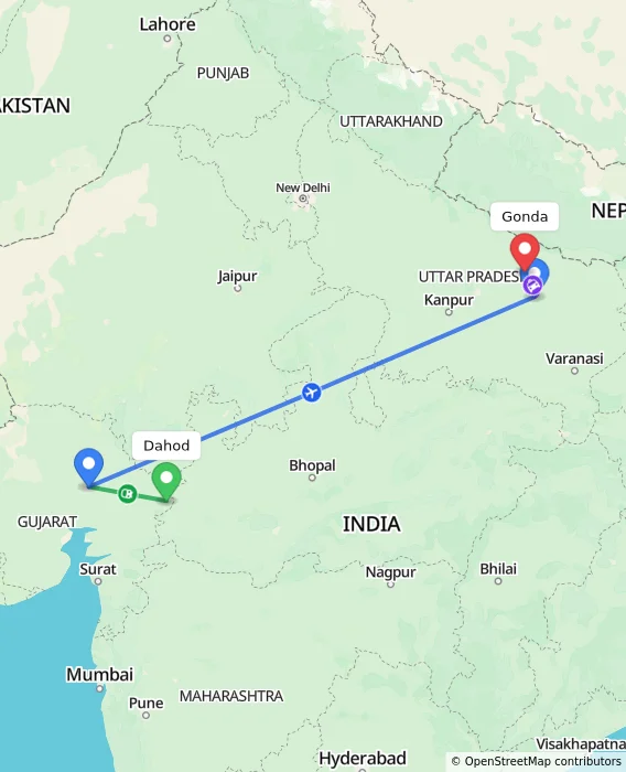 Route map showing distance and travel time from Dahod, India to Gonda, India