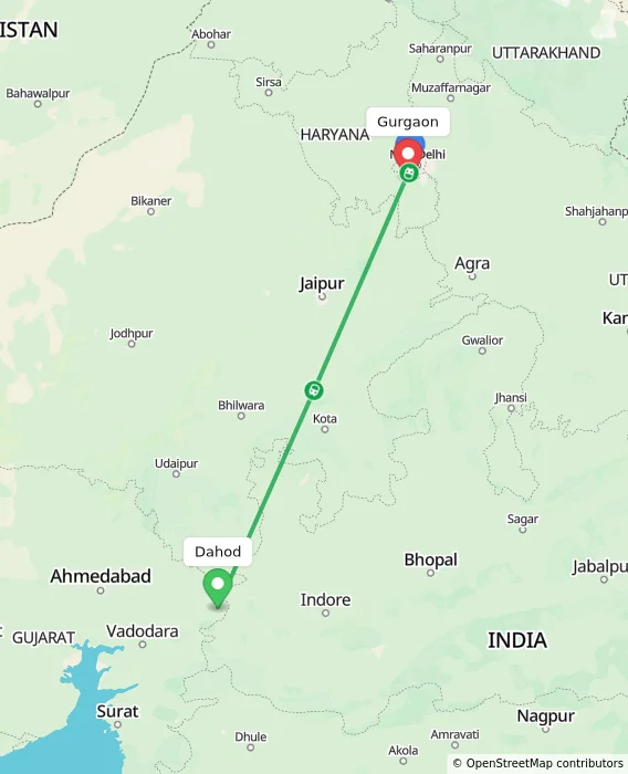 Route map showing distance and travel time from Dahod, India to Gurgaon, India