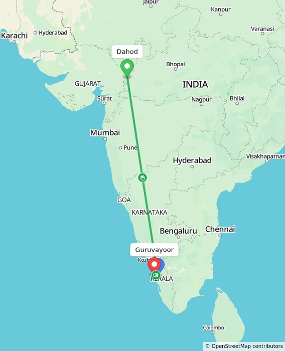 Route map showing distance and travel time from Dahod, India to Guruvayoor, India