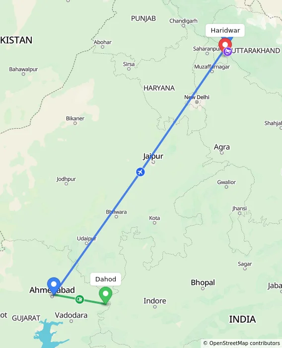Route map showing distance and travel time from Dahod, India to Haridwar, India