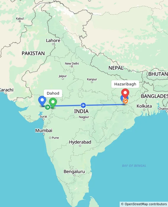 Route map showing distance and travel time from Dahod, India to Hazaribagh, India