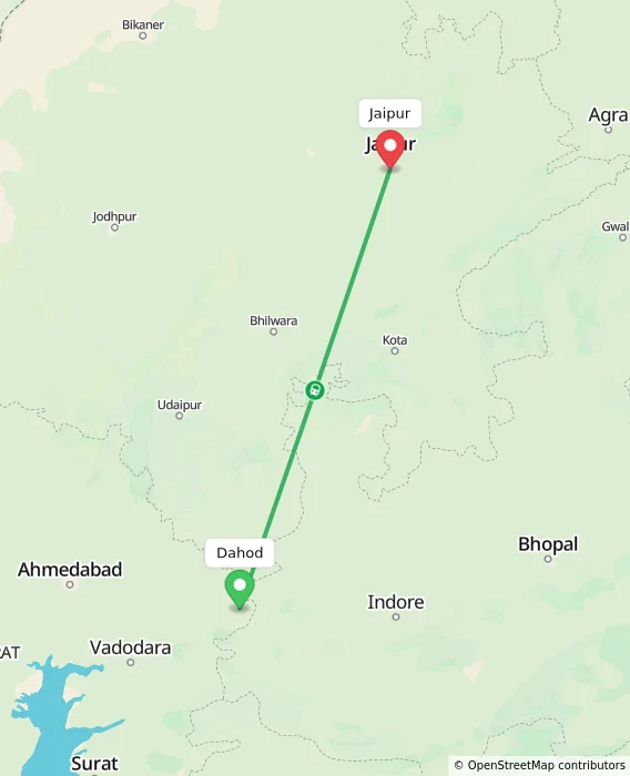 Route map showing distance and travel time from Dahod, India to Jaipur, India