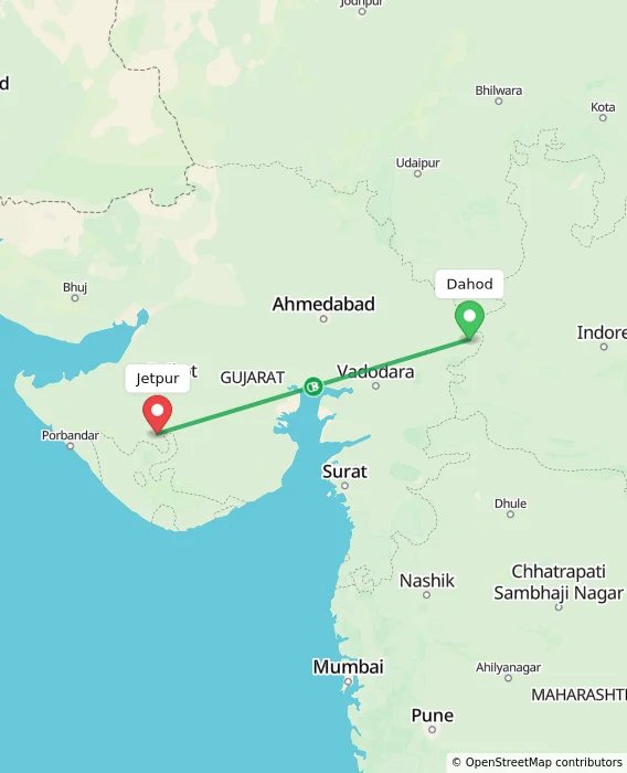Route map showing distance and travel time from Dahod, India to Jetpur, India