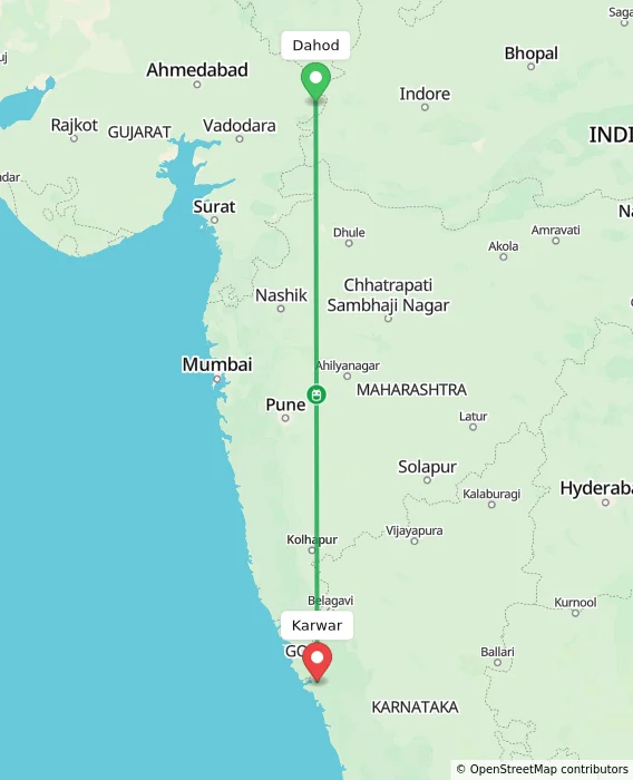 Route map showing distance and travel time from Dahod, India to Karwar, India