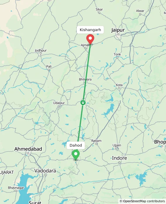 Route map showing distance and travel time from Dahod, India to Kishangarh, India