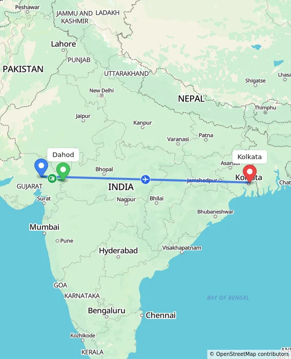 Route map showing distance and travel time from Dahod, India to Kolkata, India