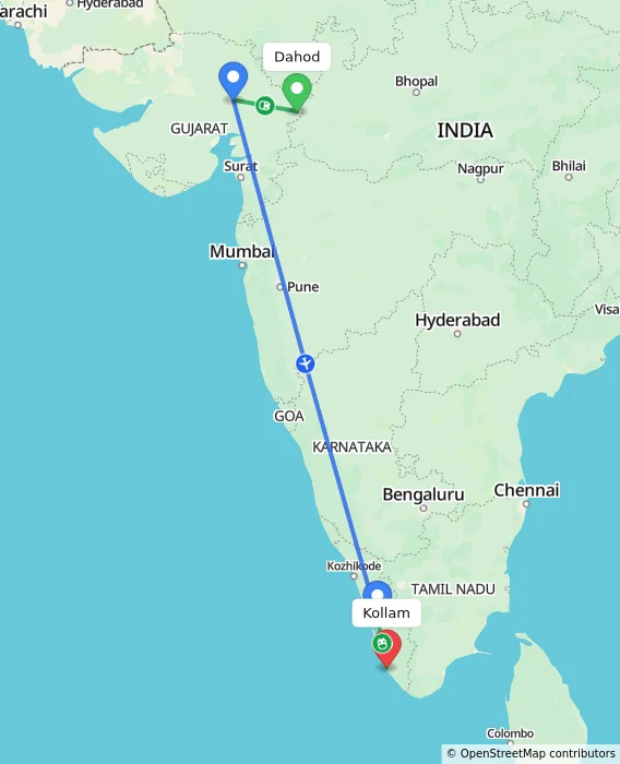 Route map showing distance and travel time from Dahod, India to Kollam, India