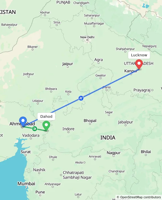 Route map showing distance and travel time from Dahod, India to Lucknow, India