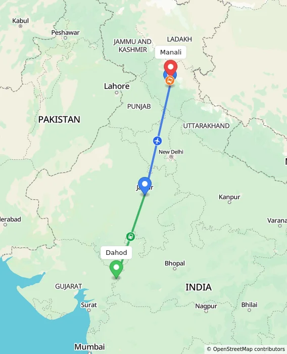 Route map showing distance and travel time from Dahod, India to Manali, India