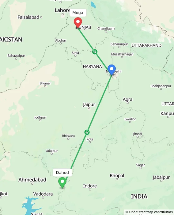 Route map showing distance and travel time from Dahod, India to Moga, India