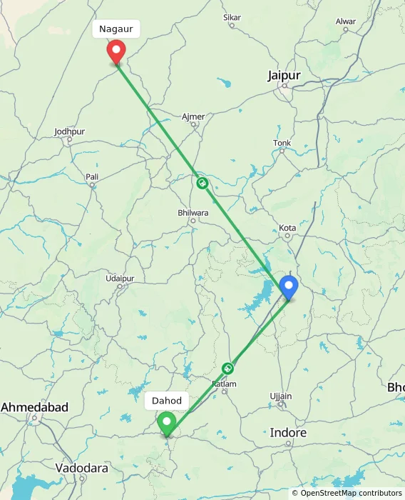 Route map showing distance and travel time from Dahod, India to Nagaur, India