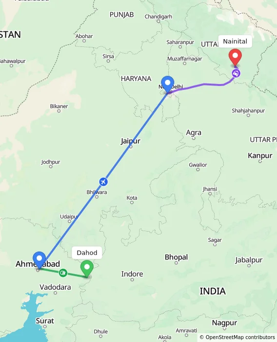 Route map showing distance and travel time from Dahod, India to Nainital, India