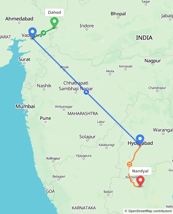 Route map showing distance and travel time from Dahod, India to Nandyal, India