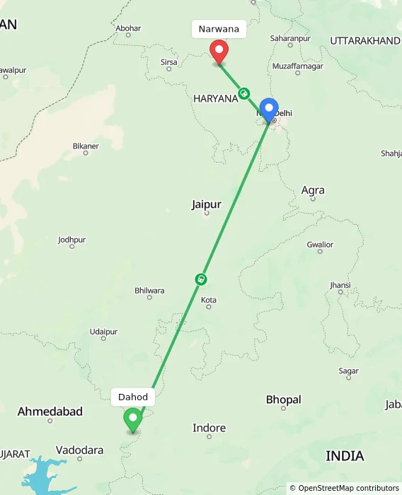 Route map showing distance and travel time from Dahod, India to Narwana, India