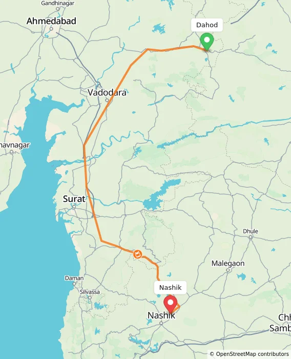 Route map showing distance and travel time from Dahod, India to Nashik, India