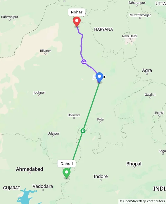 Route map showing distance and travel time from Dahod, India to Nohar, India