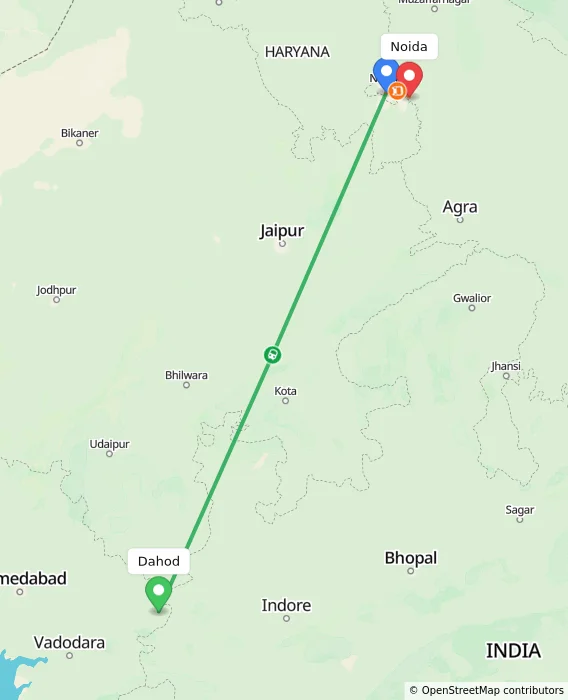 Route map showing distance and travel time from Dahod, India to Noida, India