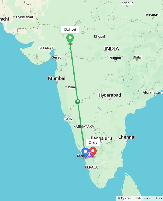 Route map showing distance and travel time from Dahod, India to Ooty, India