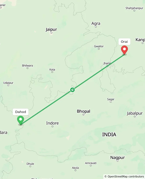Route map showing distance and travel time from Dahod, India to Orai, India