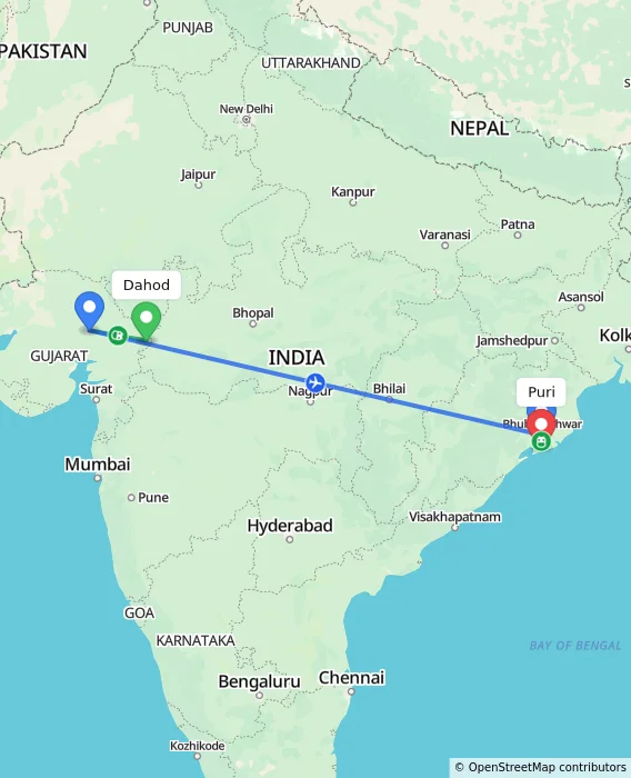 Route map showing distance and travel time from Dahod, India to Puri, India