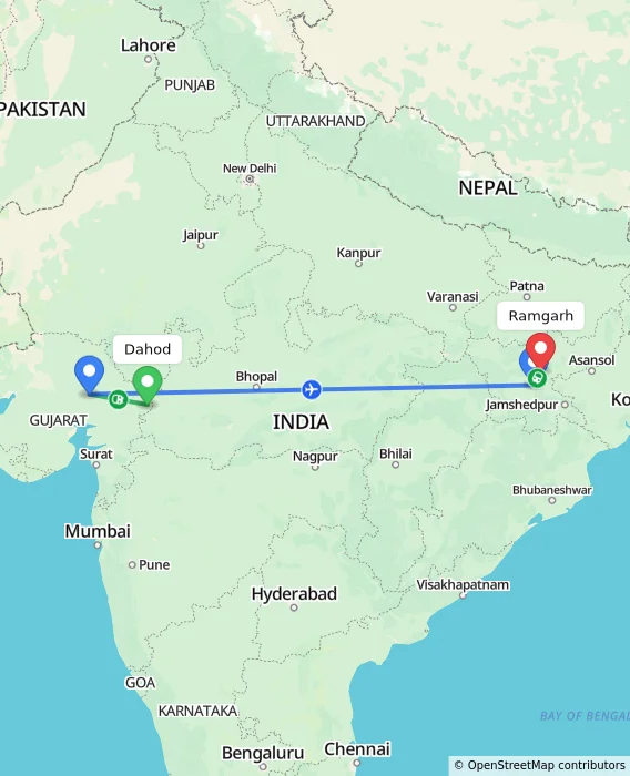 Route map showing distance and travel time from Dahod, India to Ramgarh, India