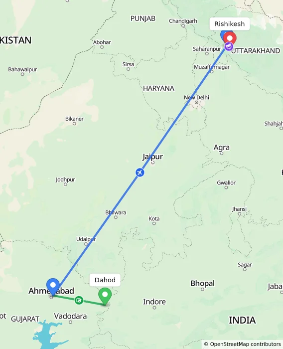 Route map showing distance and travel time from Dahod, India to Rishikesh, India