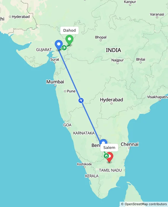 Route map showing distance and travel time from Dahod, India to Salem, India