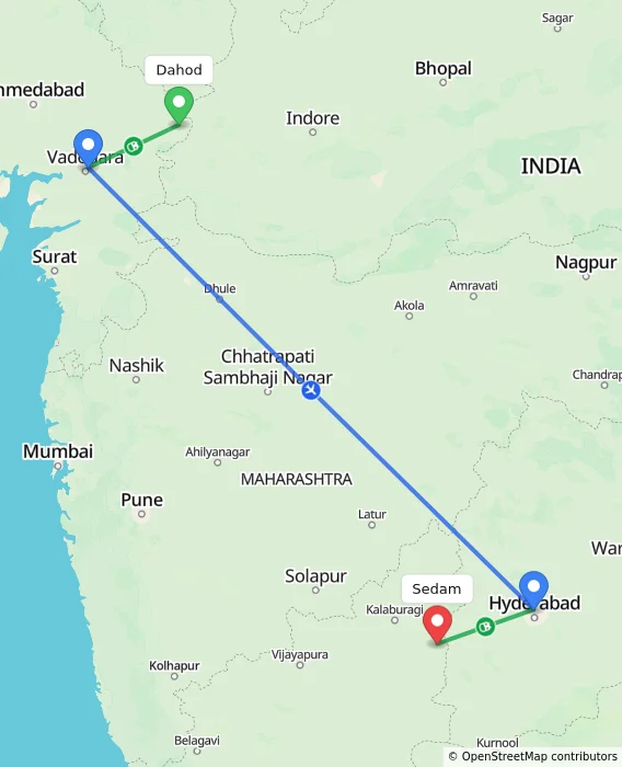 Route map showing distance and travel time from Dahod, India to Sedam, India