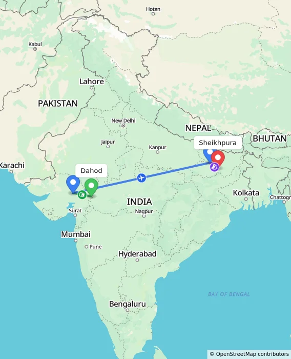 Route map showing distance and travel time from Dahod, India to Sheikhpura, India