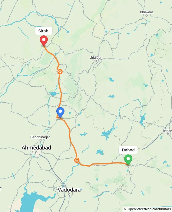 Route map showing distance and travel time from Dahod, India to Sirohi, India