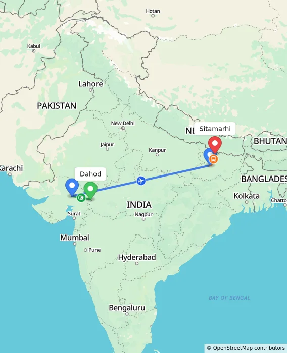 Route map showing distance and travel time from Dahod, India to Sitamarhi, India