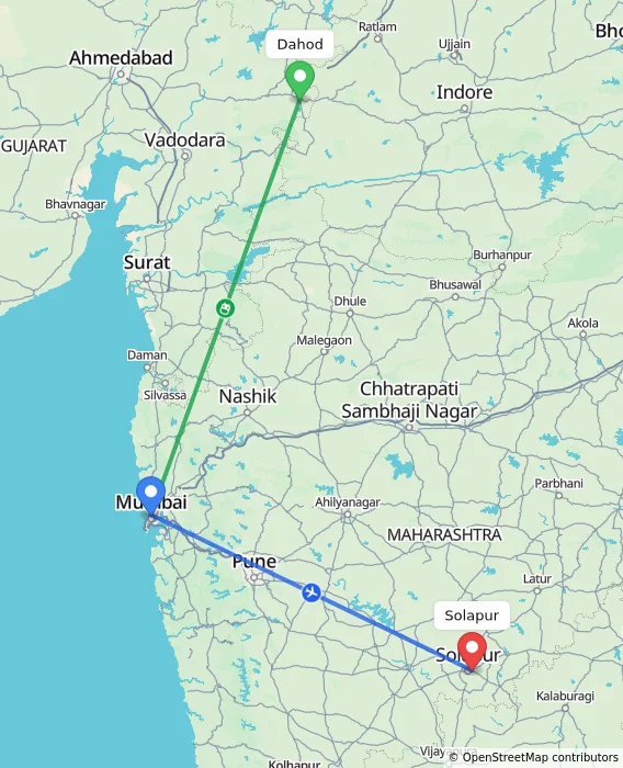 Route map showing distance and travel time from Dahod, India to Solapur, India