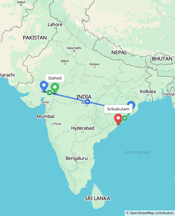 Route map showing distance and travel time from Dahod, India to Srikakulam, India