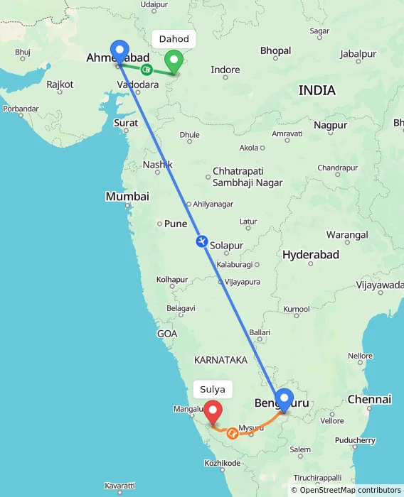 Route map showing distance and travel time from Dahod, India to Sulya, India