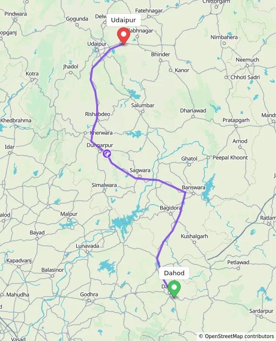 Route map showing distance and travel time from Dahod, India to Udaipur, India