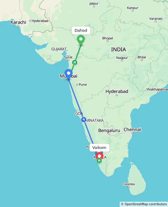 Route map showing distance and travel time from Dahod, India to Vaikom, India