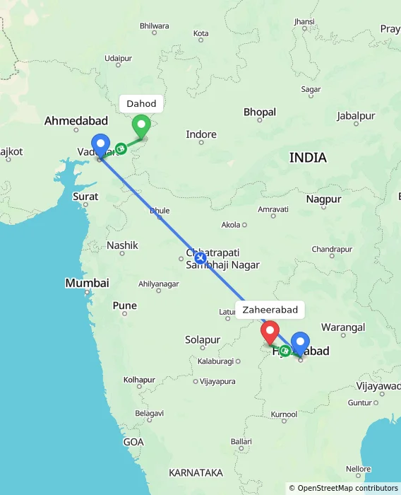Route map showing distance and travel time from Dahod, India to Zaheerabad, India