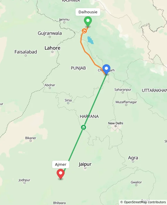 Route map showing distance and travel time from Dalhousie, India to Ajmer, India