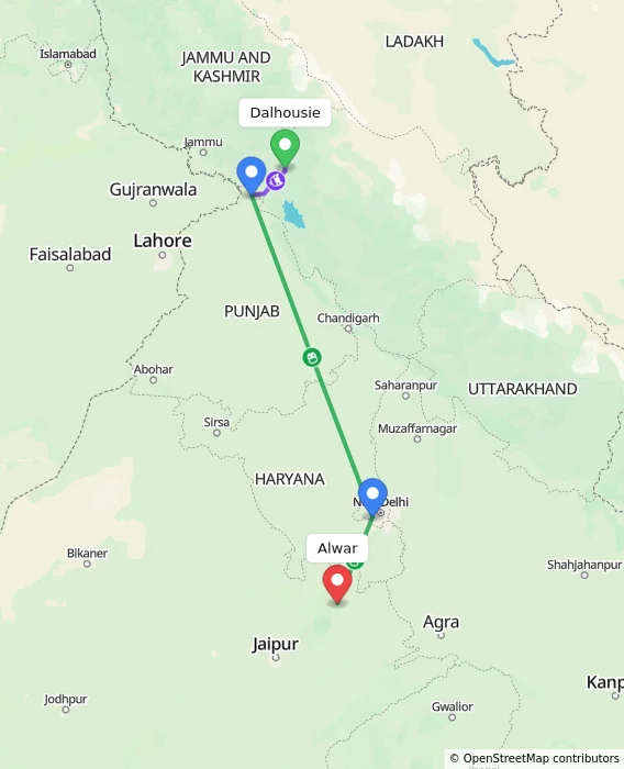 Route map showing distance and travel time from Dalhousie, India to Alwar, India