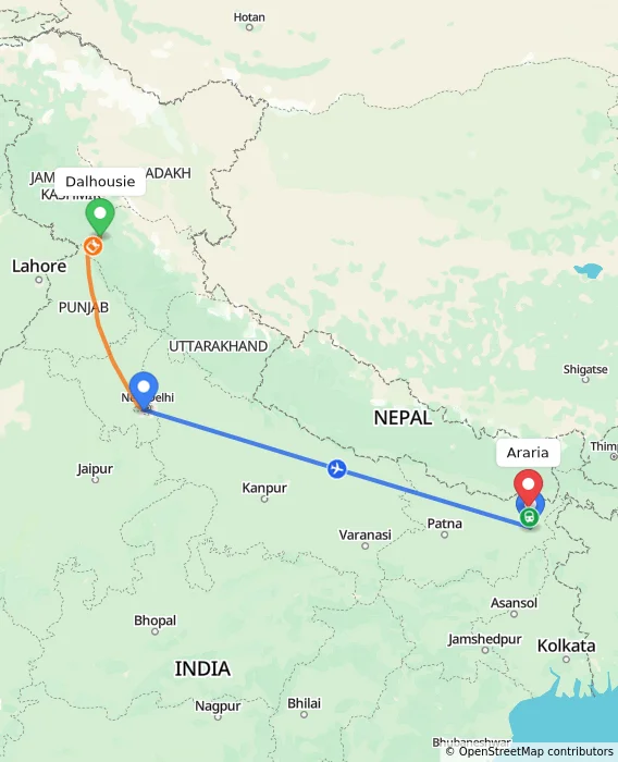 Route map showing distance and travel time from Dalhousie, India to Araria, India