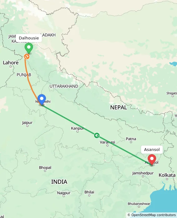 Route map showing distance and travel time from Dalhousie, India to Asansol, India