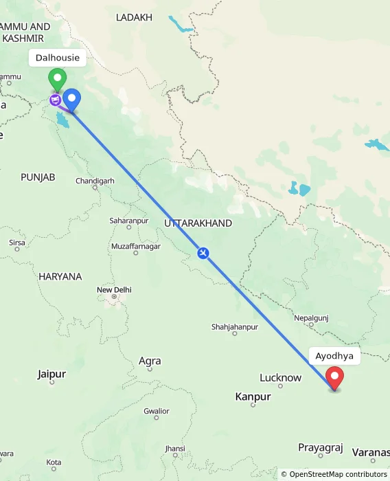 Route map showing distance and travel time from Dalhousie, India to Ayodhya, India