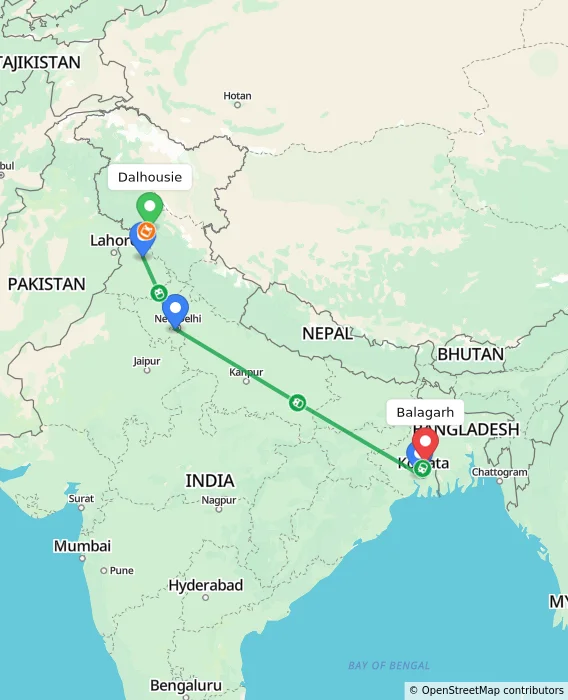 Route map showing distance and travel time from Dalhousie, India to Balagarh, India