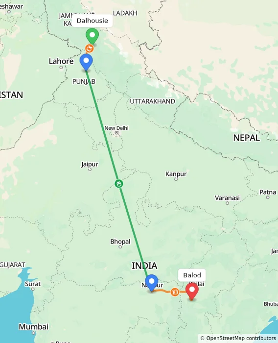 Route map showing distance and travel time from Dalhousie, India to Balod, India